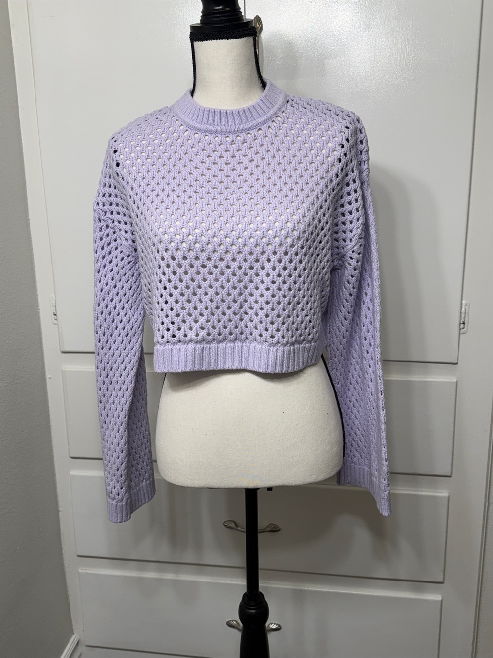 Light Lavender Open-Knit Crewneck Sweater